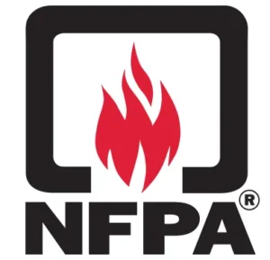 NFPA logo with red flame inside black square mark above bold NFPA letters