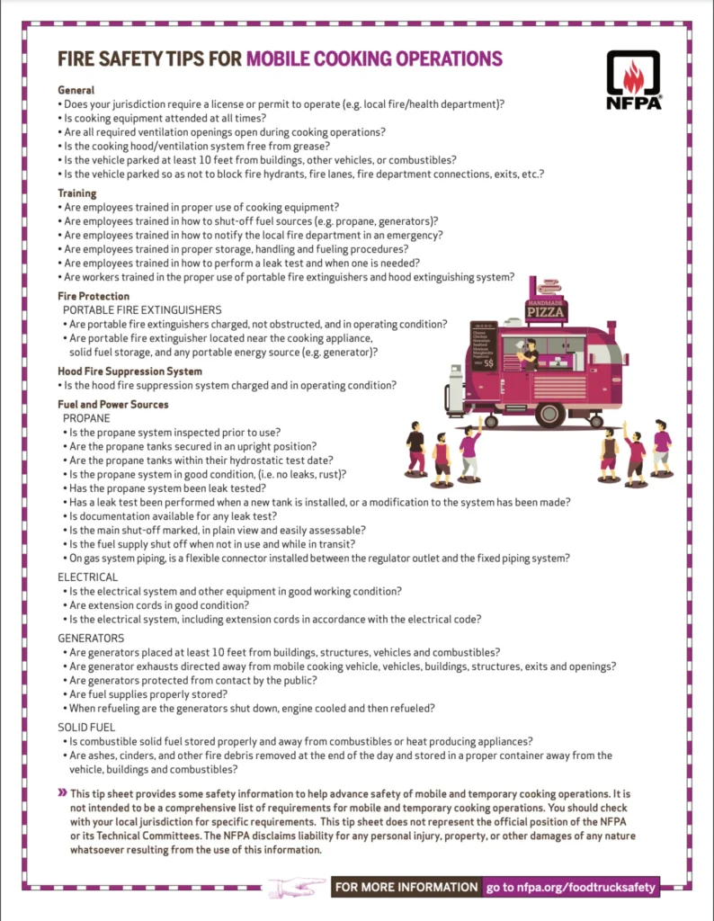 NFPA fire safety tips sheet for mobile cooking operations with food truck illustration